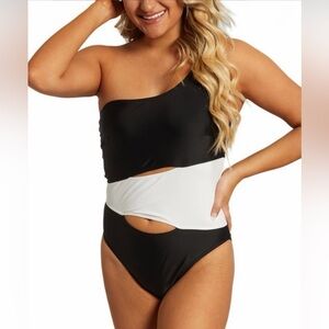 Juicy Couture Black & White One-Shoulder Cutout Swimsuit-Size L (NWT)